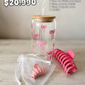 Vaso de vidrio con lazos + dúo de pinzas rosadas