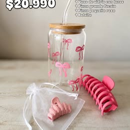 Vaso de vidrio con lazos + dúo de pinzas rosadas