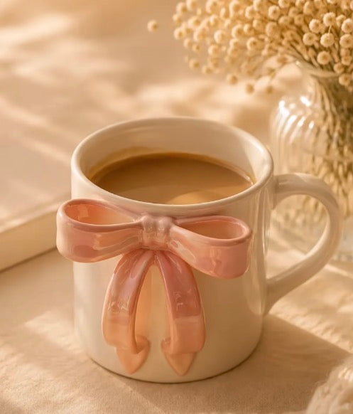 Taza de Cerámica Nacarada con Lazo Rosa
