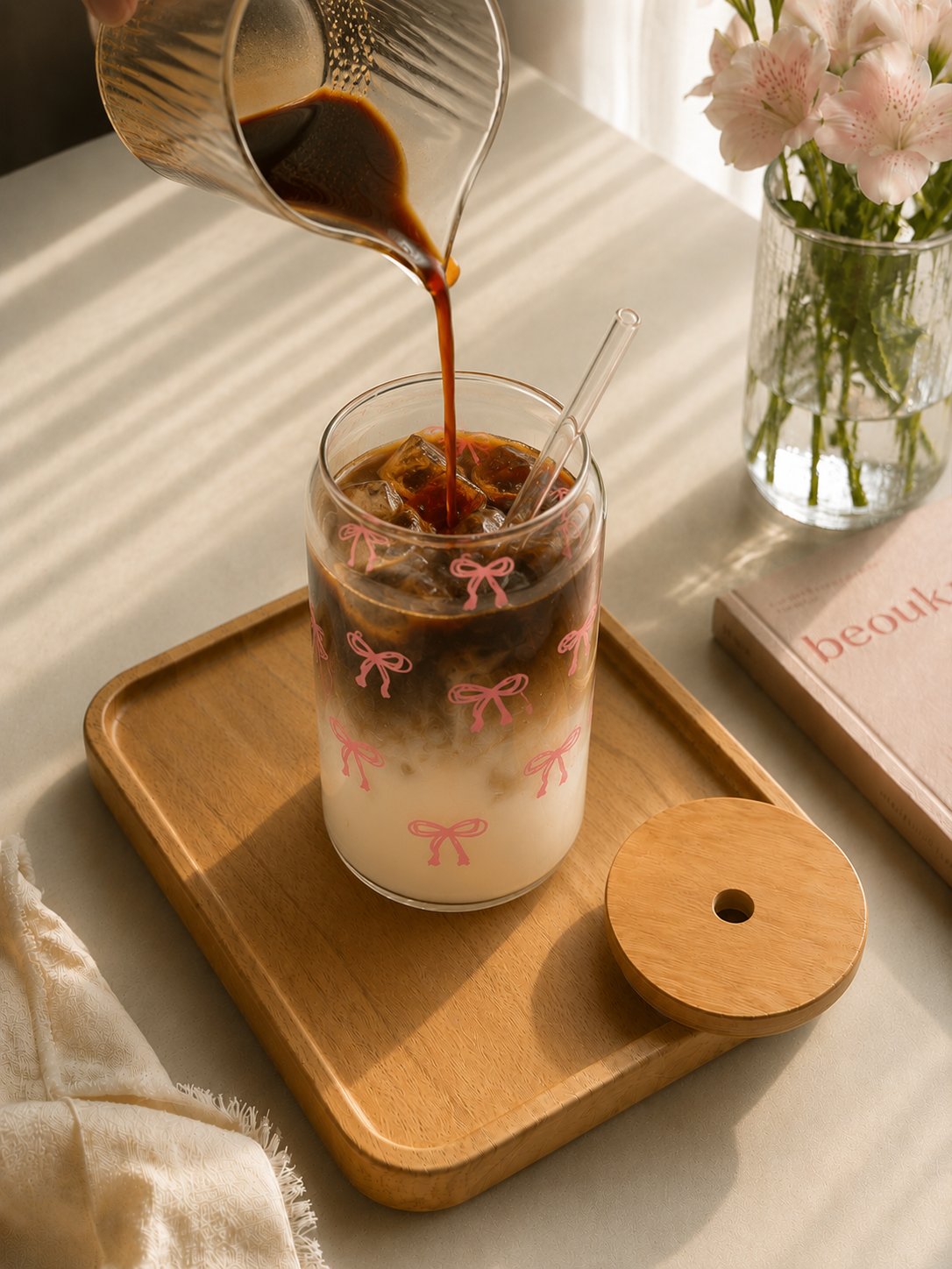 Vaso de Vidrio con lazos Rosa | Tapa Bambú