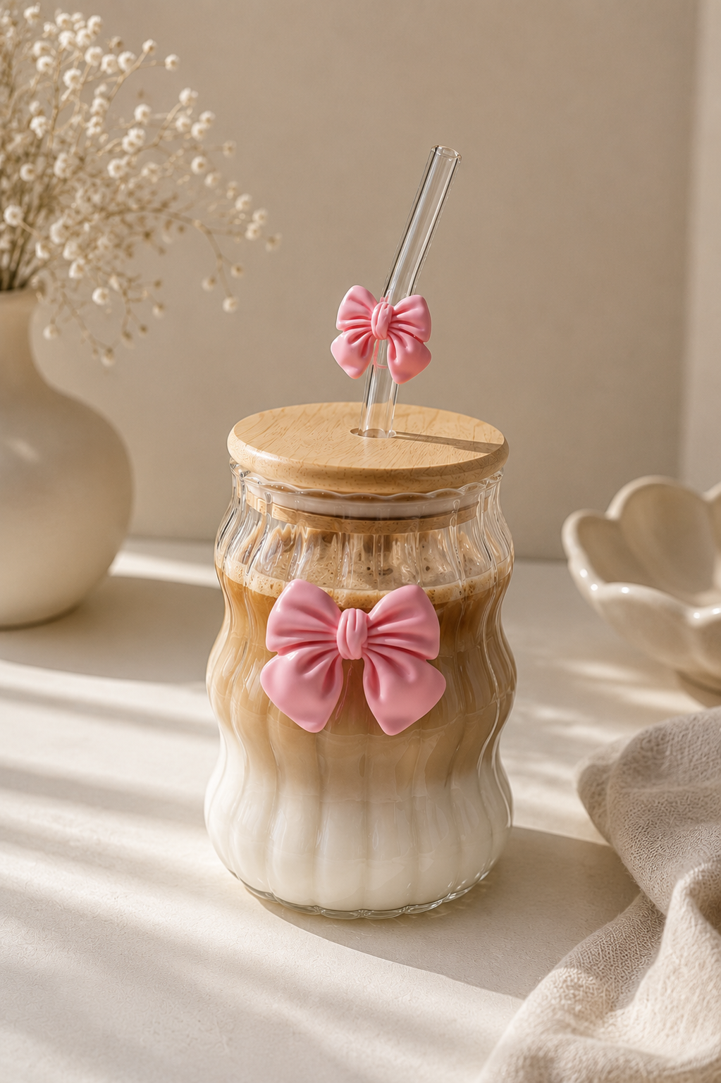 Vaso de Vidrio Ondulado con Lazo 3D Rosa | Tapa Bambú