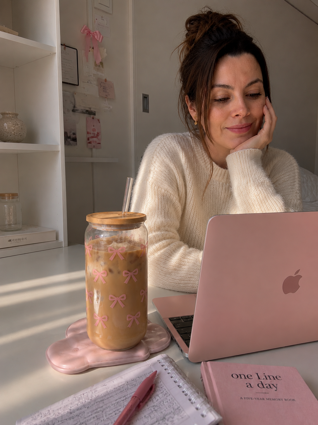 Vaso de Vidrio con lazos Rosa | Tapa Bambú