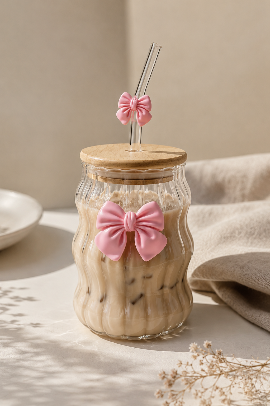 Vaso de Vidrio Ondulado con Lazo 3D Rosa | Tapa Bambú