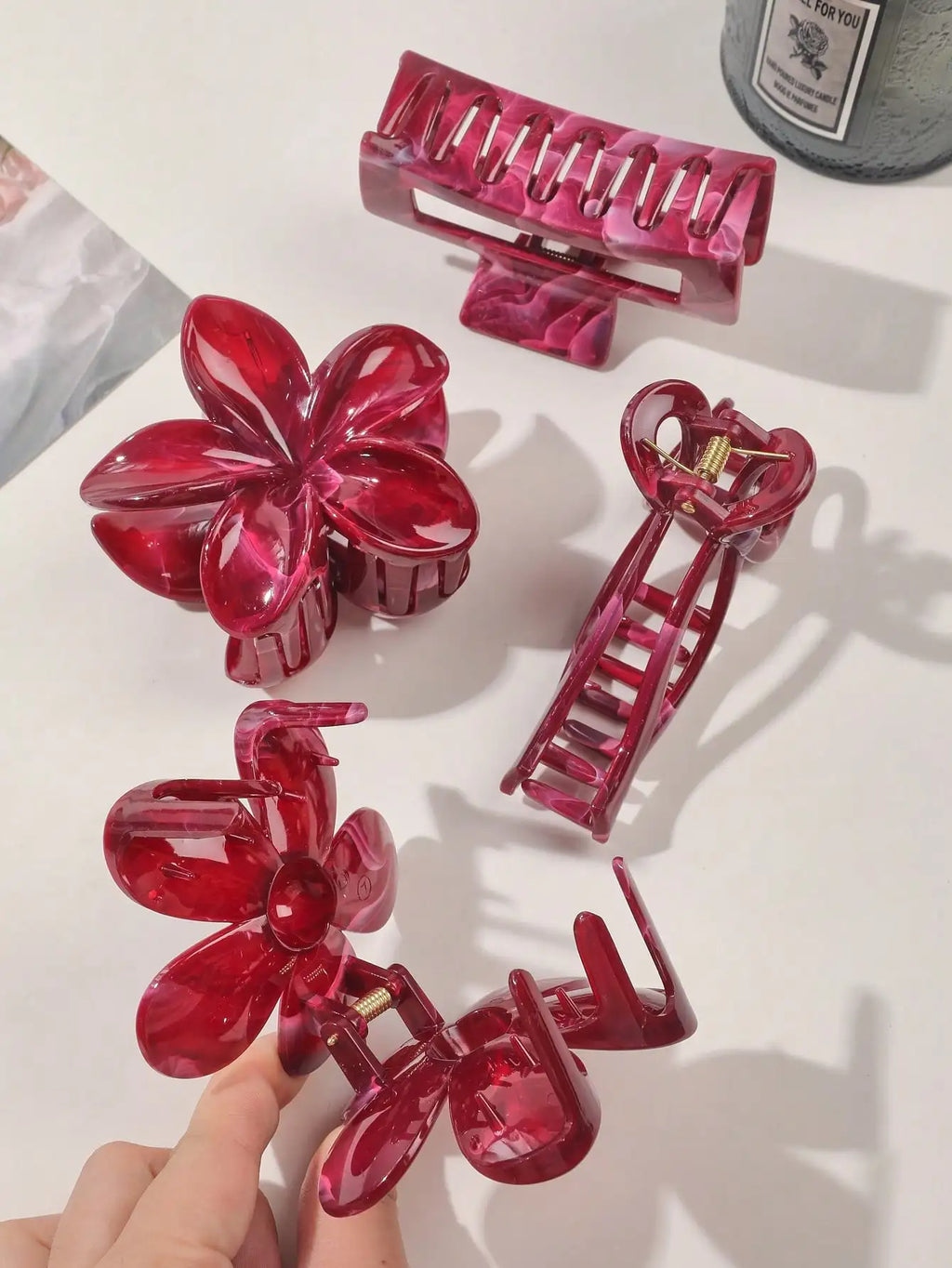 4 Uds Otoño Invierno Borgoña arco cuadrado flor pinzas en forma de garra para el cabello para mujeres MultiStyle rojo accesorios para el cabello de moda horquilla