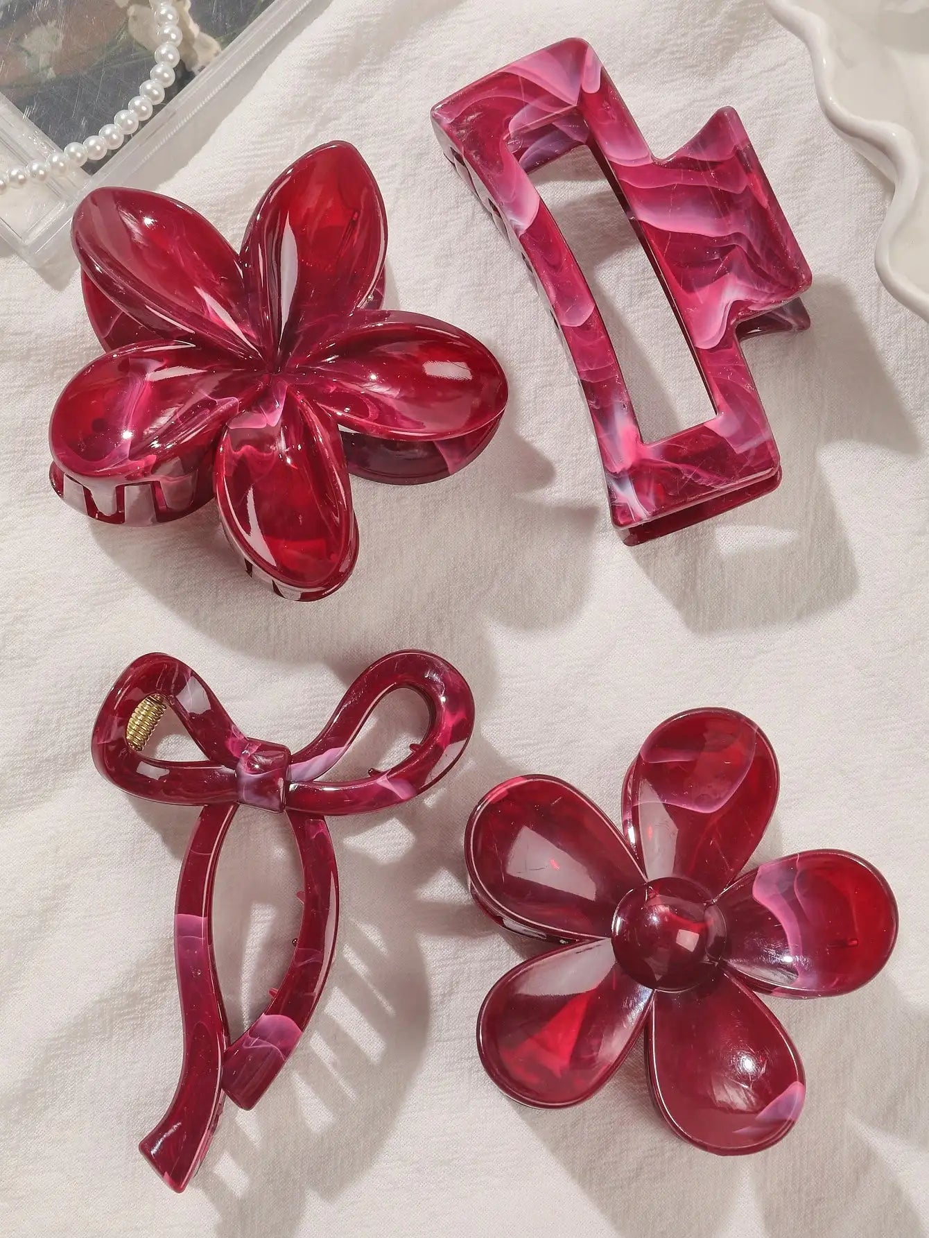 4 Uds Otoño Invierno Borgoña arco cuadrado flor pinzas en forma de garra para el cabello para mujeres MultiStyle rojo accesorios para el cabello de moda horquilla