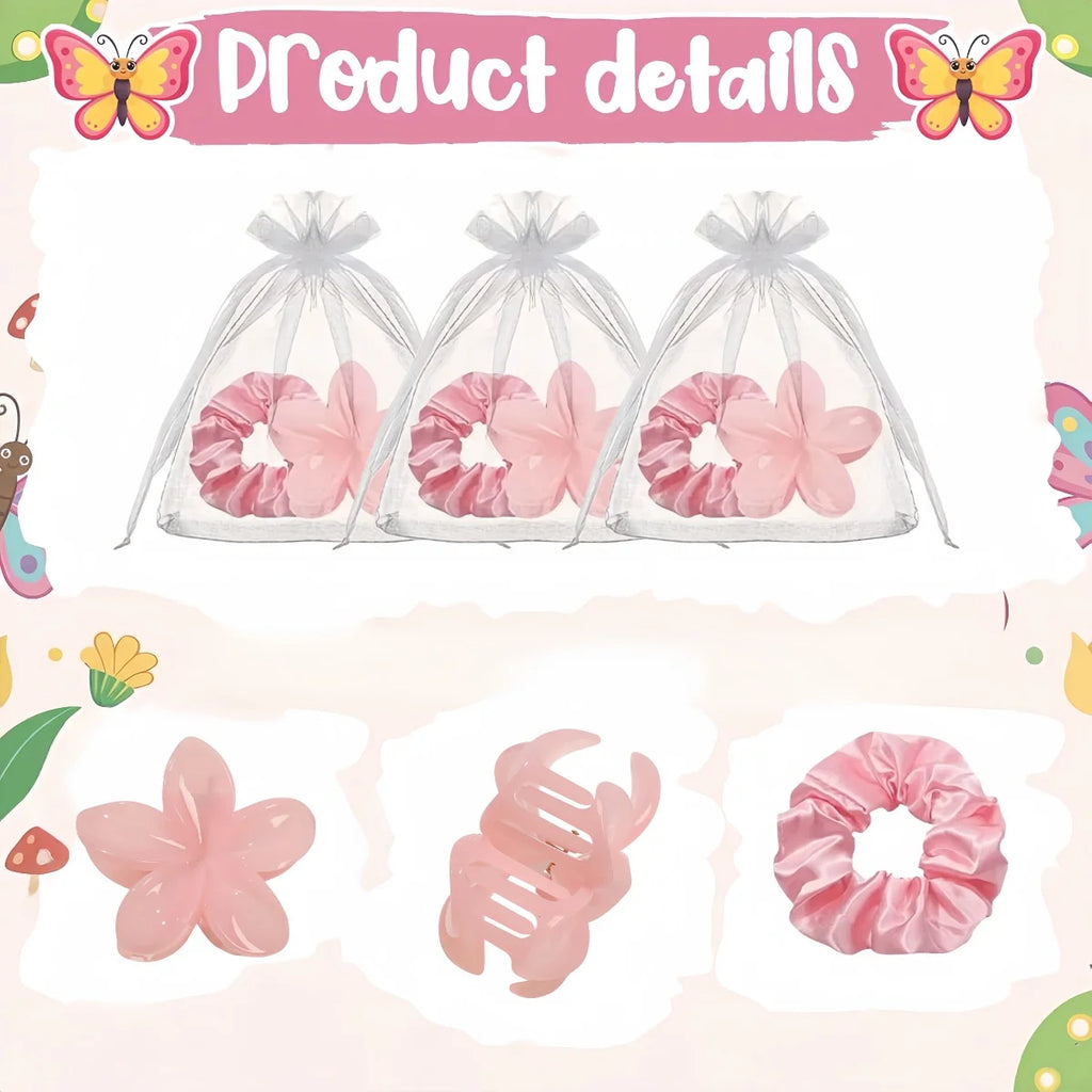 Set de 3 Accesorios para el Cabello Rosa | Flor Satinada, Scrunchie y Bolsa Organzadora