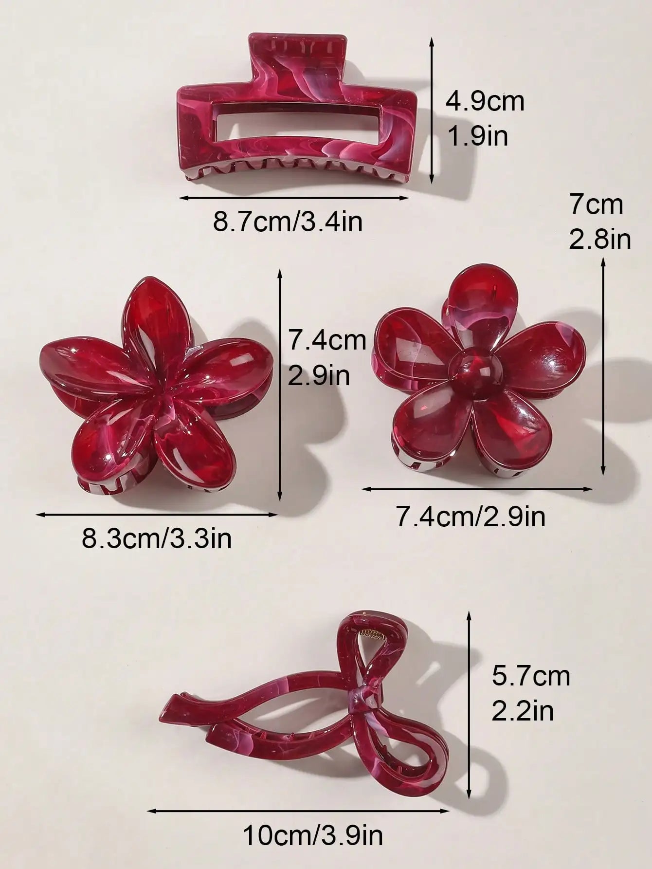 4 Uds Otoño Invierno Borgoña arco cuadrado flor pinzas en forma de garra para el cabello para mujeres MultiStyle rojo accesorios para el cabello de moda horquilla