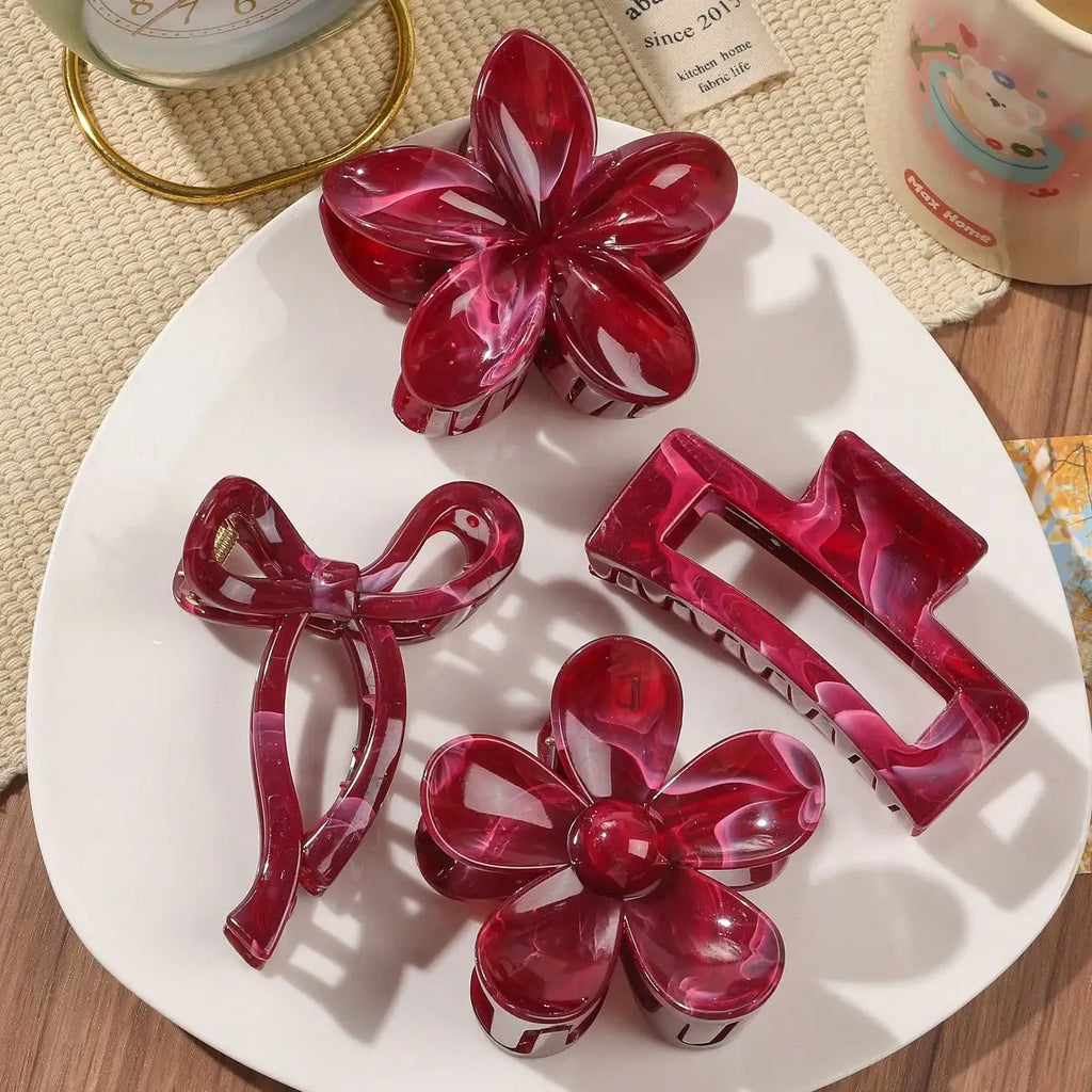 4 Uds Otoño Invierno Borgoña arco cuadrado flor pinzas en forma de garra para el cabello para mujeres MultiStyle rojo accesorios para el cabello de moda horquilla