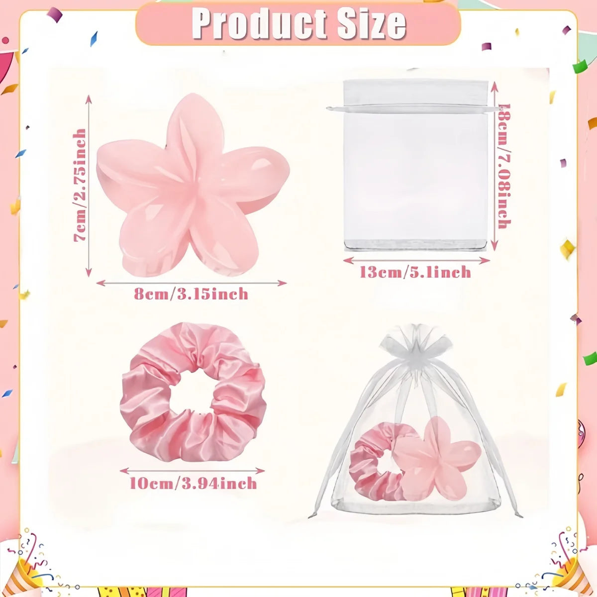Set de 3 Accesorios para el Cabello Rosa | Flor Satinada, Scrunchie y Bolsa Organzadora