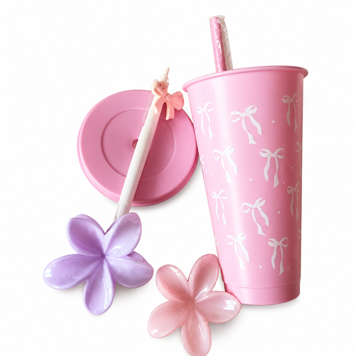 Vaso rosa con tapa + clips cabello