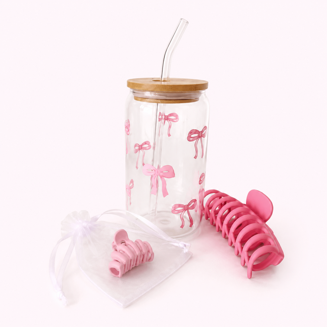 Vaso de vidrio con lazos + dúo de pinzas rosadas