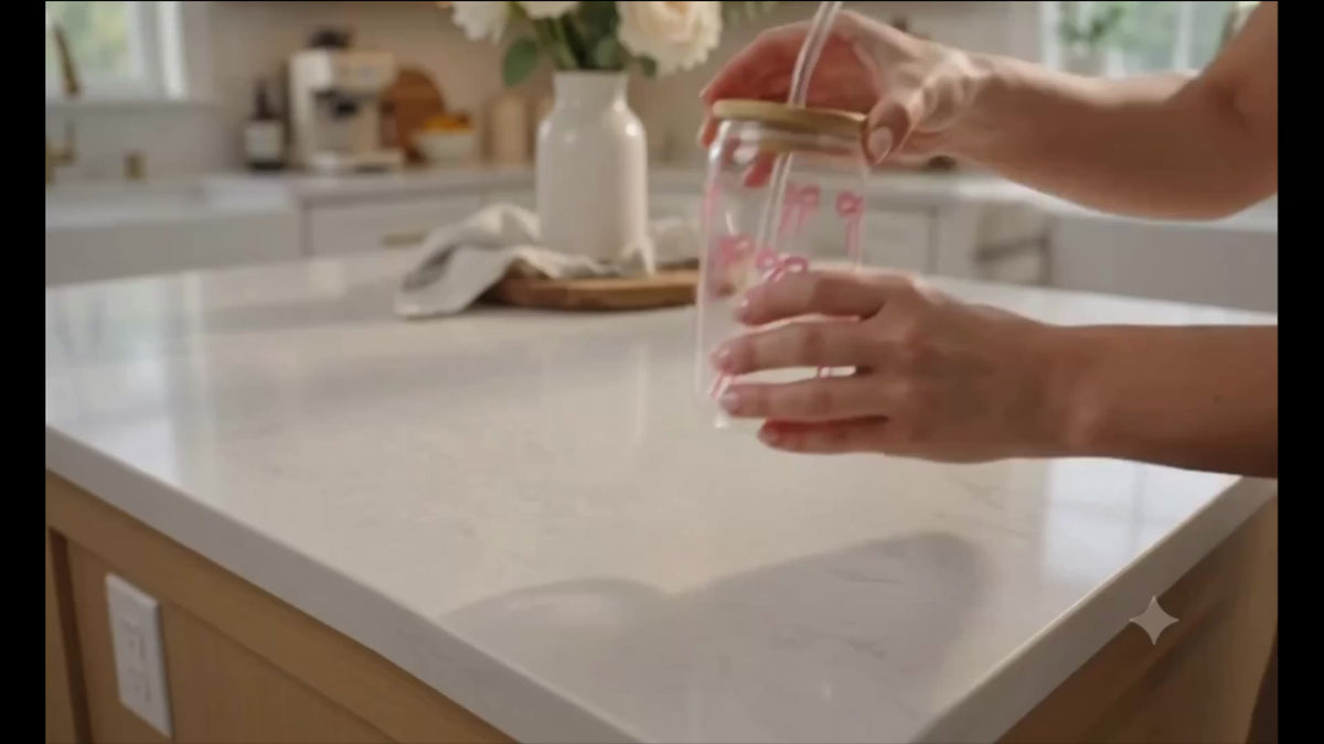 Vaso de Vidrio con lazos Rosa | Tapa Bambú