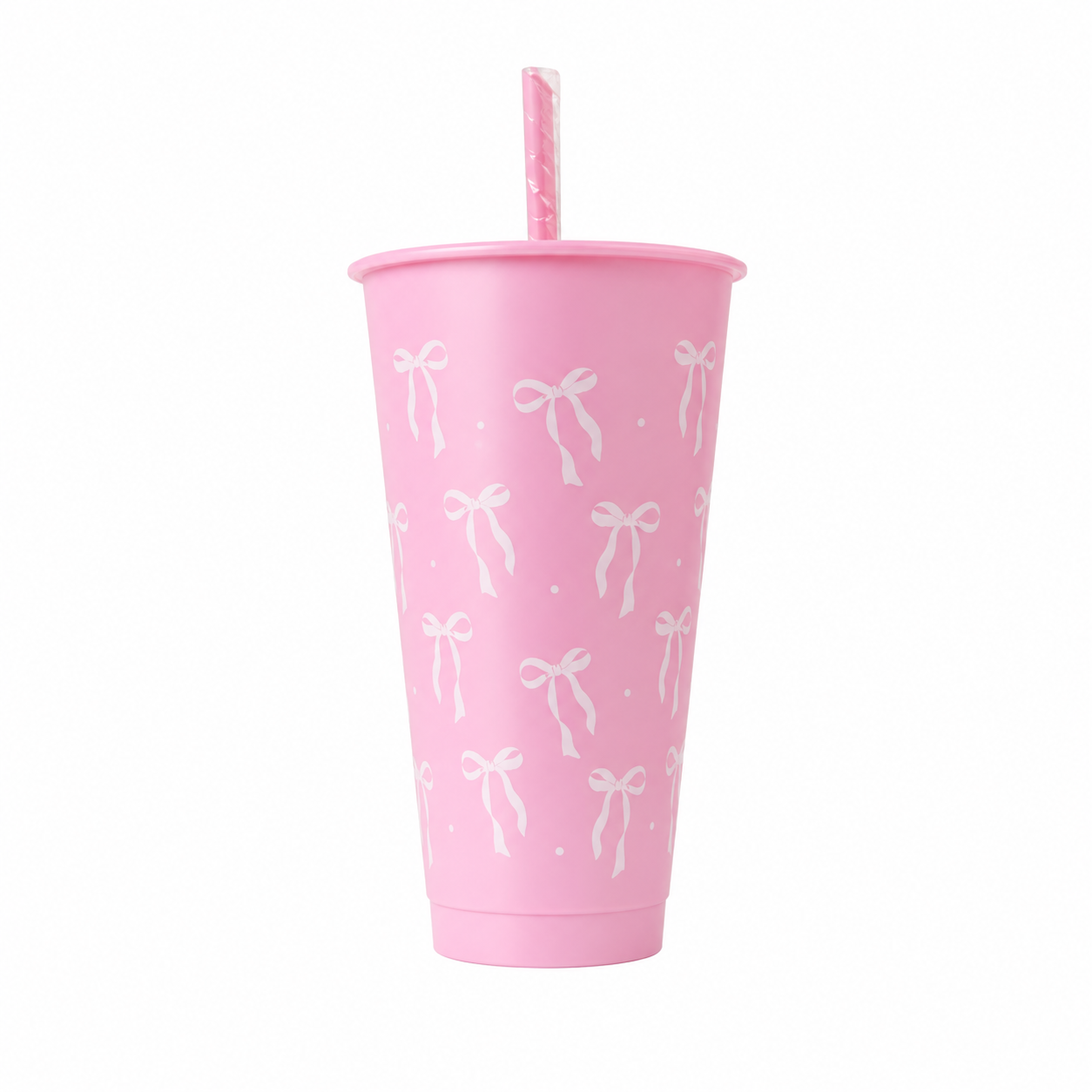 Vaso plástico rosa con diseño de lazos blancos y popote rosa a juego