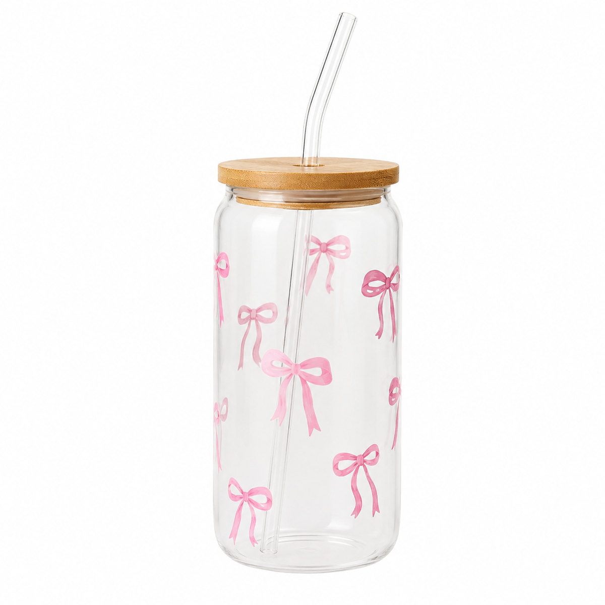 Vaso de vidrio transparente con moños rosas pintados, tapa de bambú y popote de vidrio